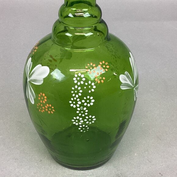 Green Glass Vase With Hand Painted Flowers - 6.75” - Picture 3 of 9